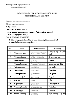 Đề cương ôn tập kiểm tra 45 phút lần 3 môn Tiếng Anh Lớp 11 (Thí điểm) - Năm học 2016-2017 - Trường THPT Nguyễn Văn Cừ